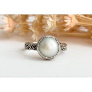 Pebble Dot Button Pearl Sterling Silver Swirly Southwest Vintage Ring - sz 7